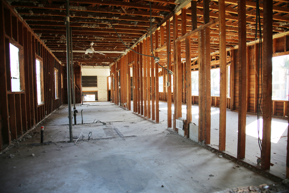 Complete interior building demolition showing structural work